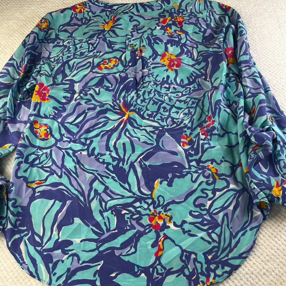 Lilly Pulitzer Elsa Silk Blouse XS Blue Teal Pineapple Floral Long Sleeve Top - Picture 3 of 7